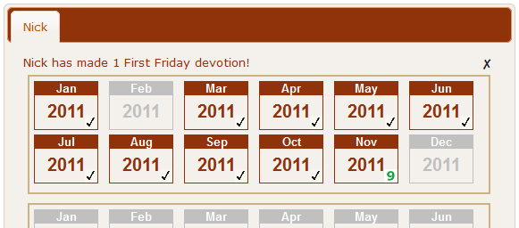 First Fridays Attendance Log with nine consecutive dates selected