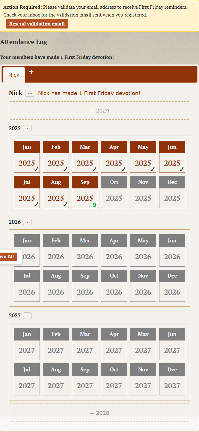 First Fridays Attendance Log with nine consecutive dates selected