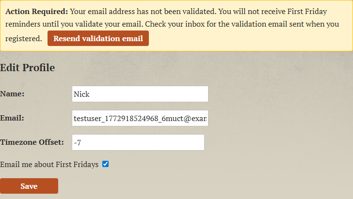 The Profile page with editable fields for name, email, timezone, and reminders